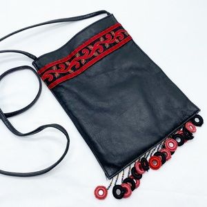 Vintage Black Leather Red Ribbon Trim Crossbody